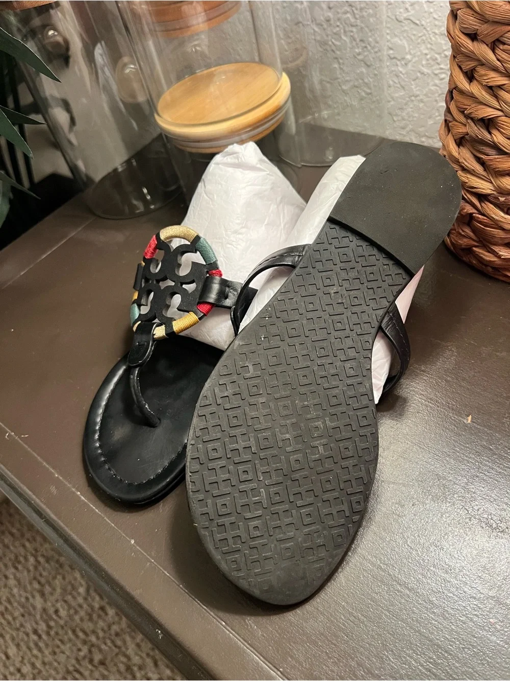Tory Burch MILLER Black Multi GOLD RED GREEN Thong Sandals sz 7.5